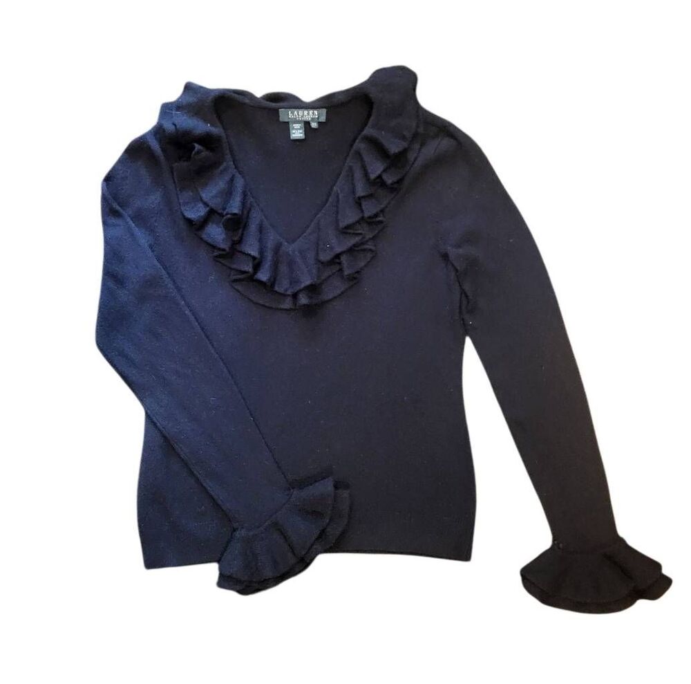 Vintage Ralph Lauren Sweater Women's Small Black Silk Cashmere Ruffle Goth